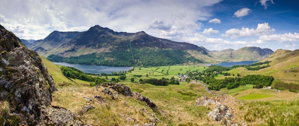 Mountain peaks and blue sky in Eskdale valley, Lake District