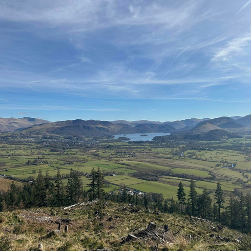 Landscape from Dodd with Derwentwater in the distance between mountains