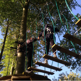 View of rope bridge from below on high ropes course